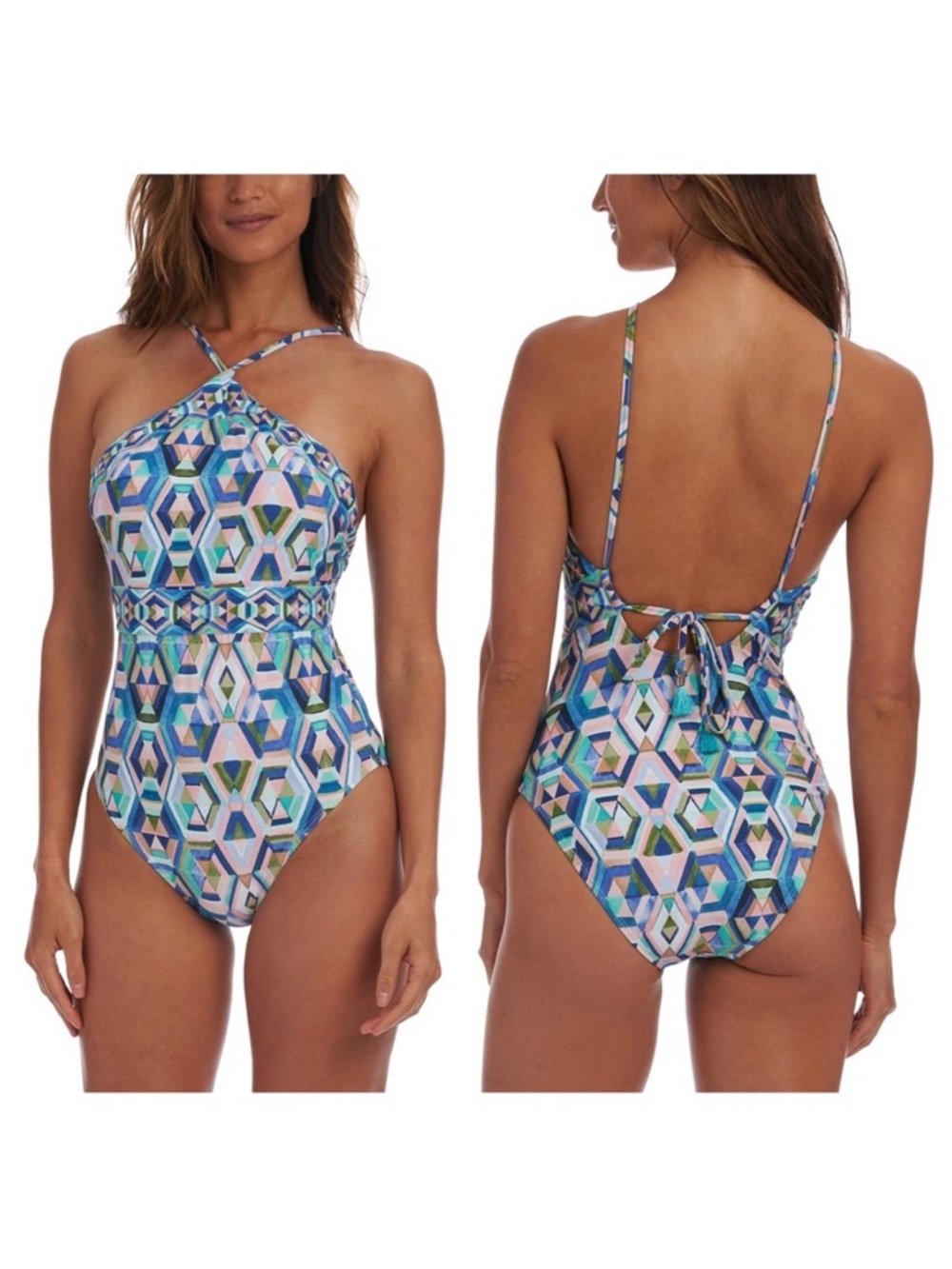 NWT La Blanca Riviera Hi Neck Halter Geometric One Piece Swim Suit Sz 4